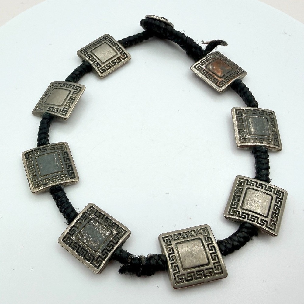 VTG Y2K Silver Tone Square Greek Key Panel Bracelet Black Cord Women's Jewelry